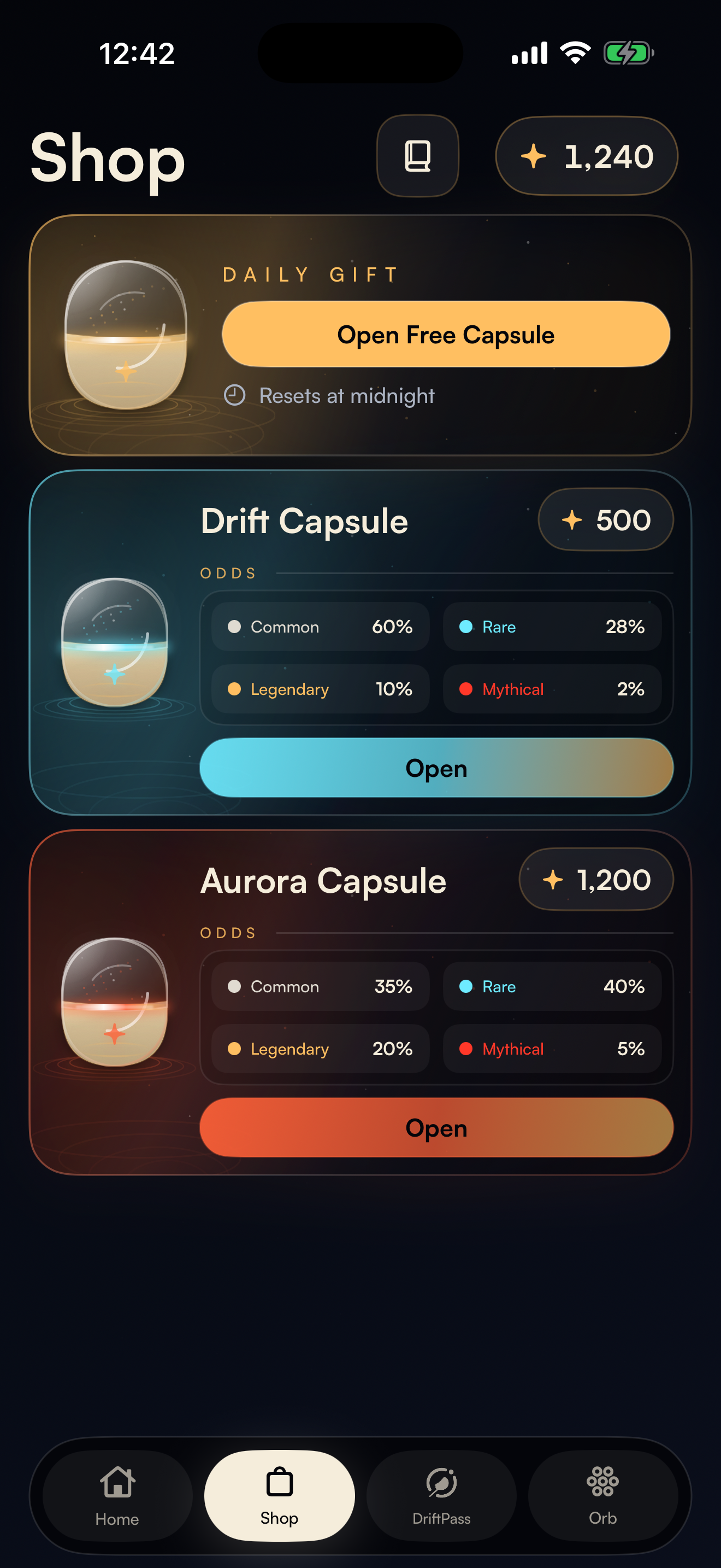 Driftd shop screen with capsules and daily gift