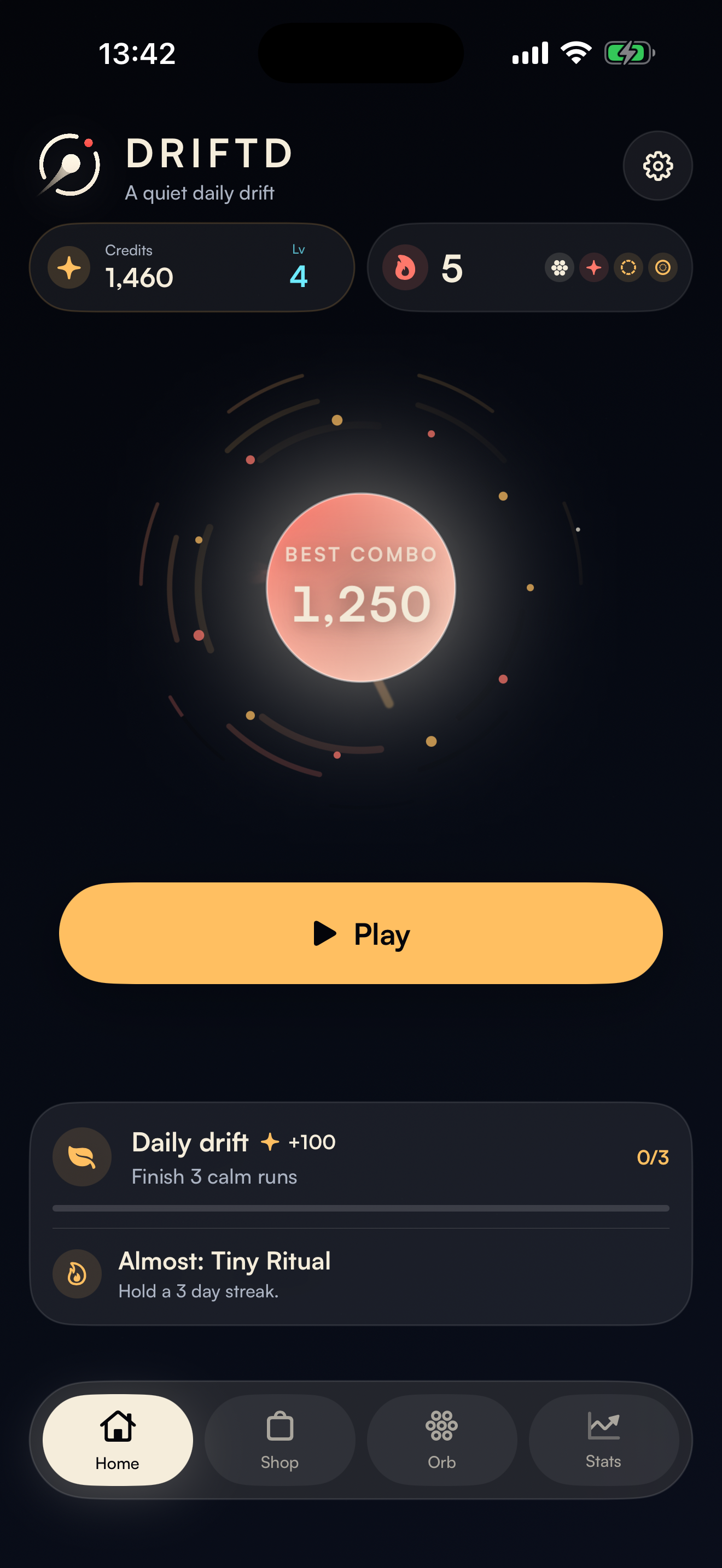 Driftd home screen with the Play button, daily challenge, level, Credits, and streak progress