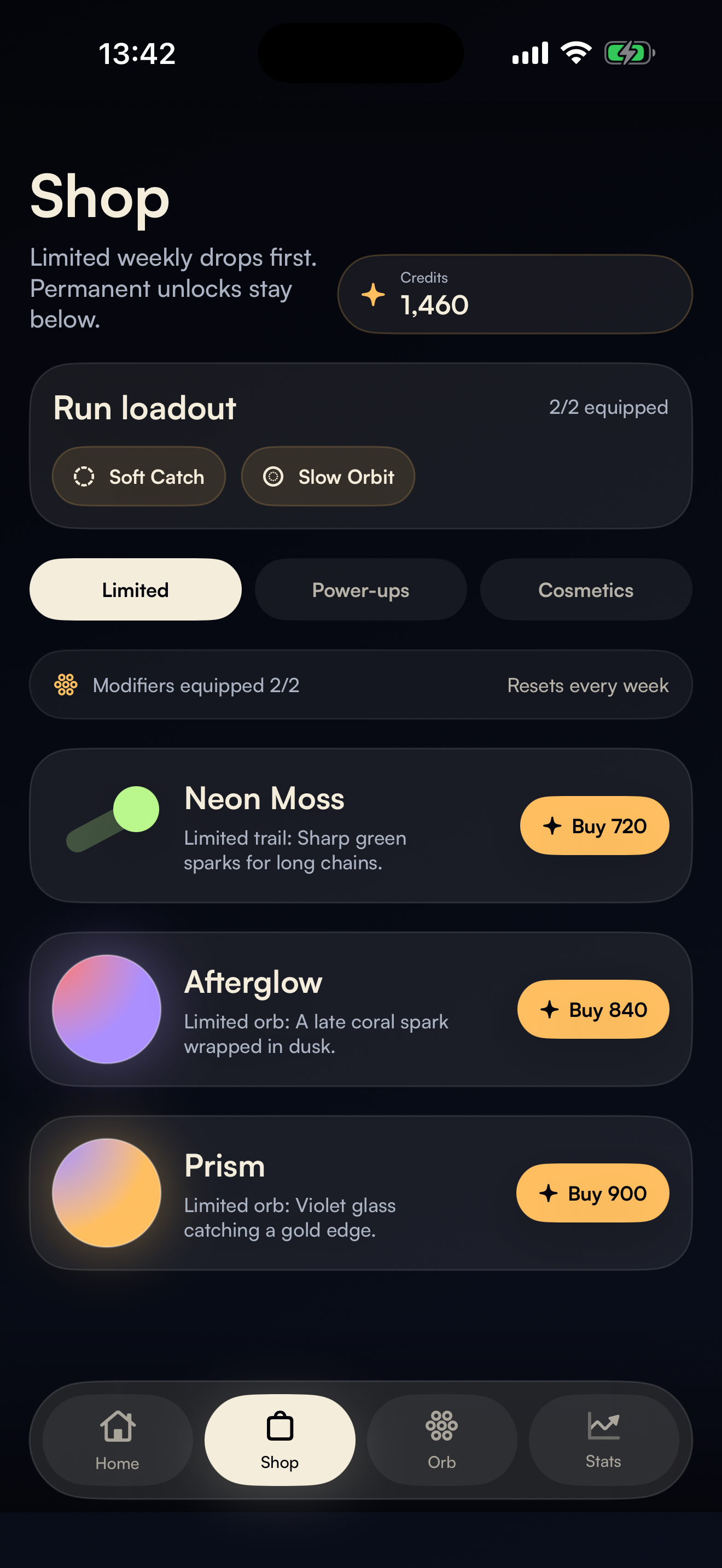 Driftd shop screen with run loadout, daily items, power-ups, and cosmetics